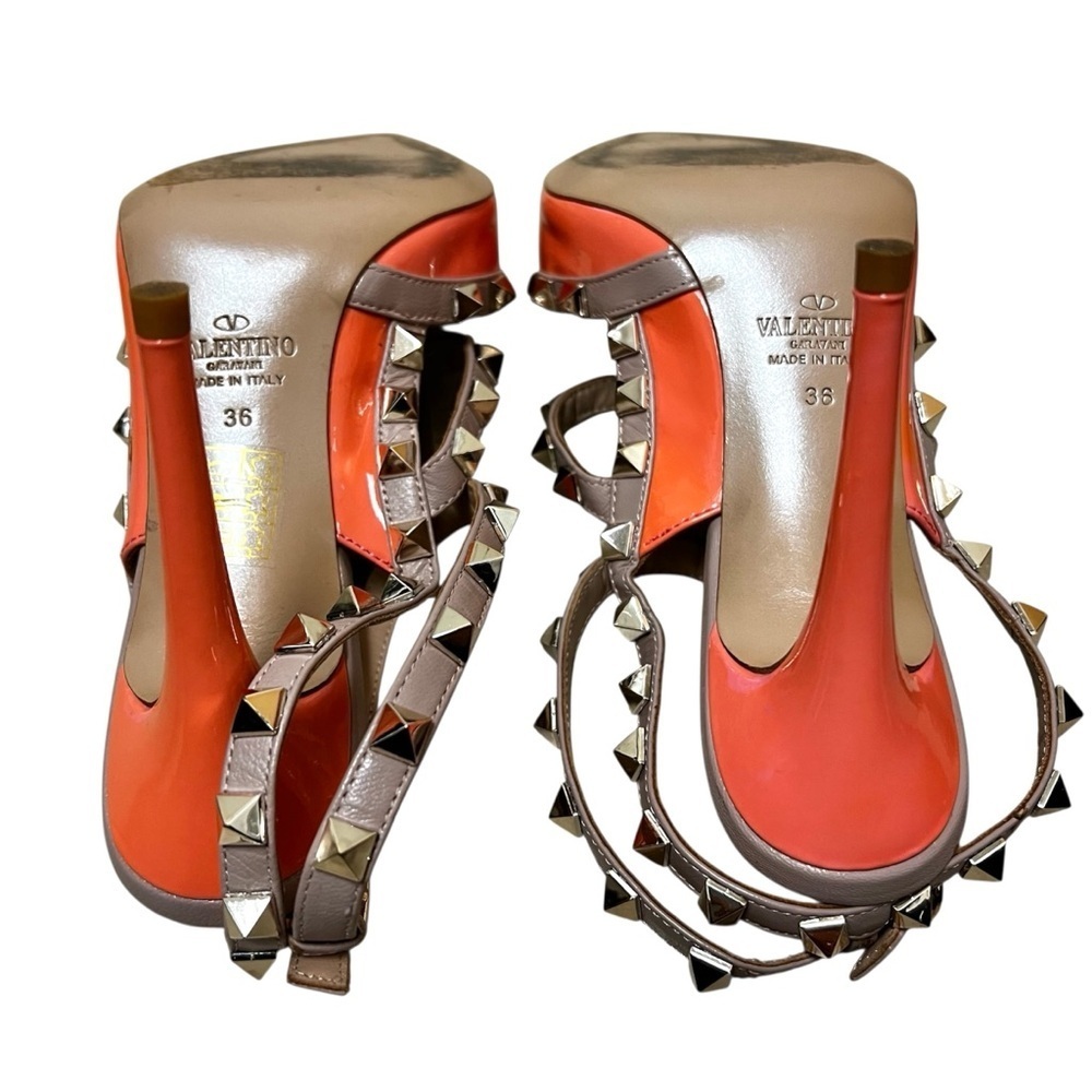 Valentino 6 Calfskin Nappa Rockstud T-Strap Patent Orange Poudre Pumps Heels - Picture 10 of 16